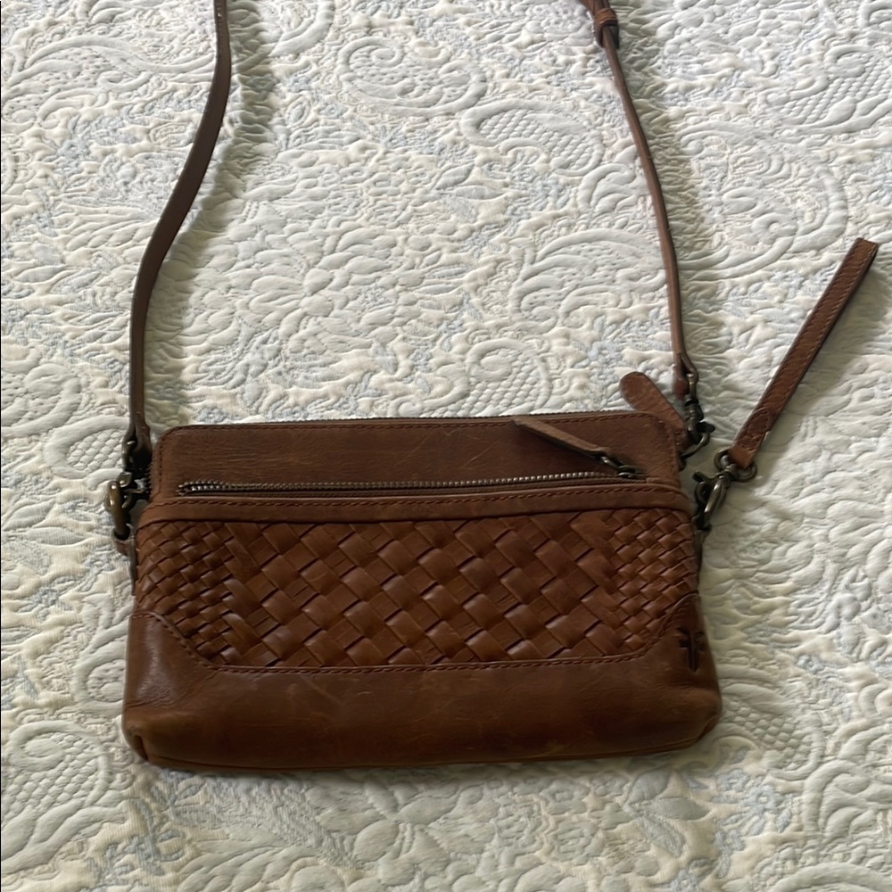 Frye Brown Leather Crossbody Bag with Woven Detail
